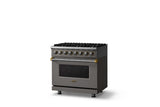 36"W. Dual Fuel Range (Burner: 6b, Finish: Damascus Gray, Trim: Polished Chrome, Fuel: Propane)