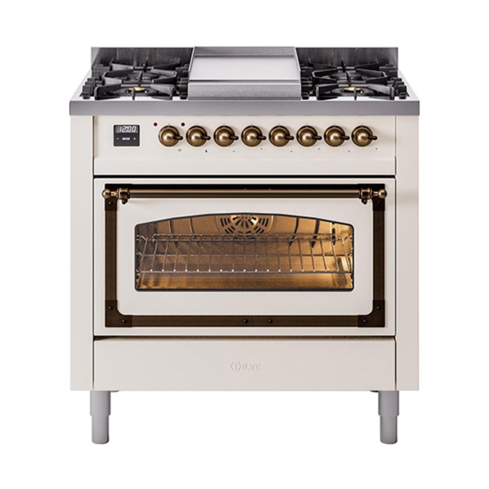 ILVE UN36FNMPAWB Nostalgie II Noblesse 36 inch Dual Fuel Range (Natural Gas, Triple Glass Door, Antique White, Burnished)