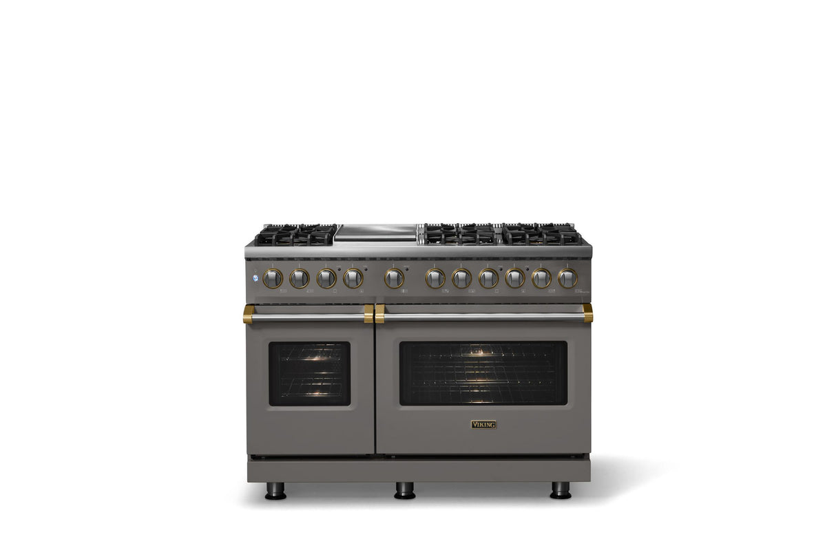 48"W. Dual Fuel Range (Burner: 6g, Finish: Damascus Gray, Trim: Brushed Brass, Fuel: Natural Gas)