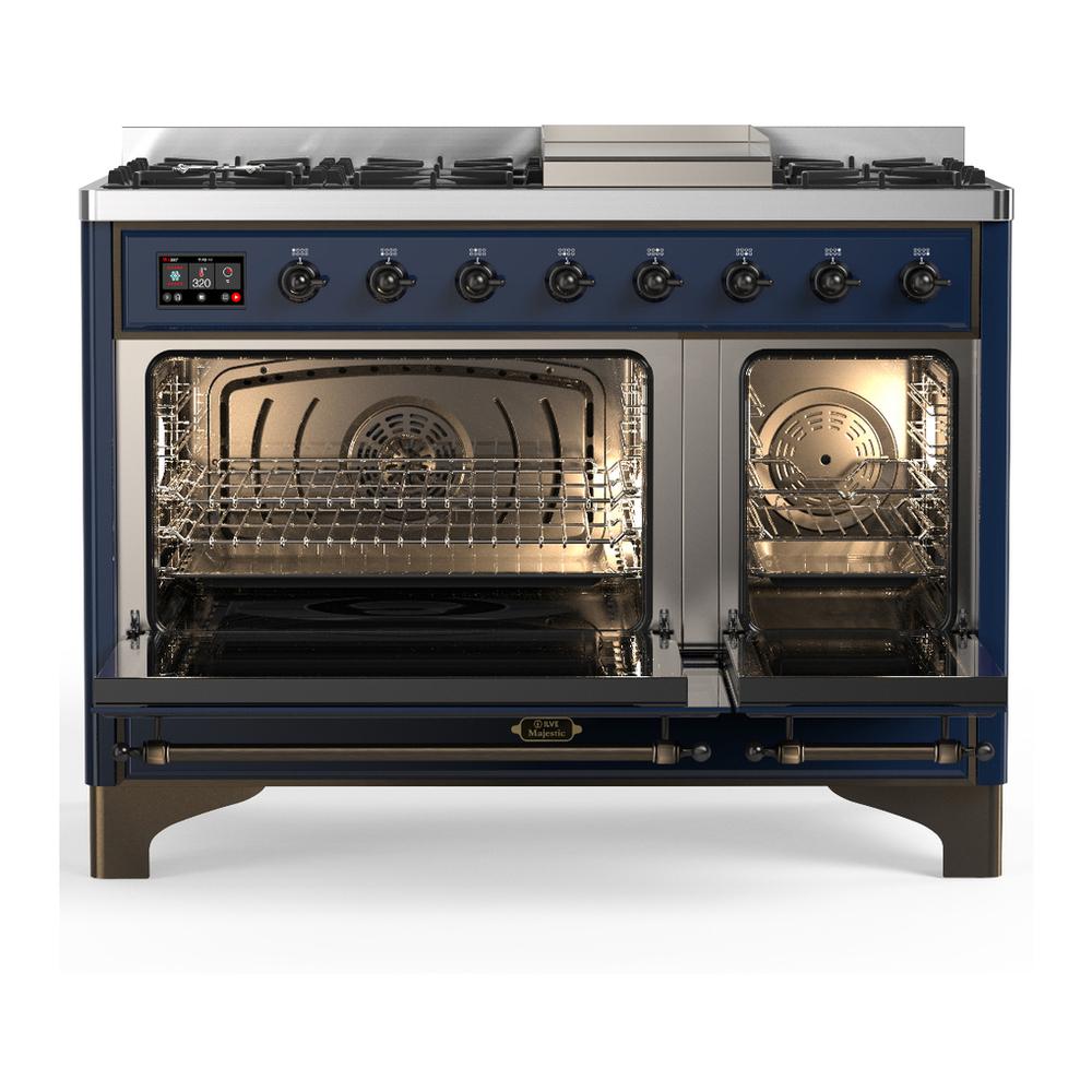 ILVE UM48FNR3MBBLP Majestic III 48 inch Dual Fuel Range with 8 Burners and Griddle, Dual Function Burner up to 25,000 BTU (Liquid Propane, Triple Glass Door, Midnight Blue, Burnished)