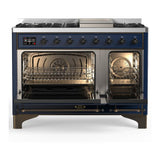 ILVE UM48FNR3MBBLP Majestic III 48 inch Dual Fuel Range with 8 Burners and Griddle, Dual Function Burner up to 25,000 BTU (Liquid Propane, Triple Glass Door, Midnight Blue, Burnished)