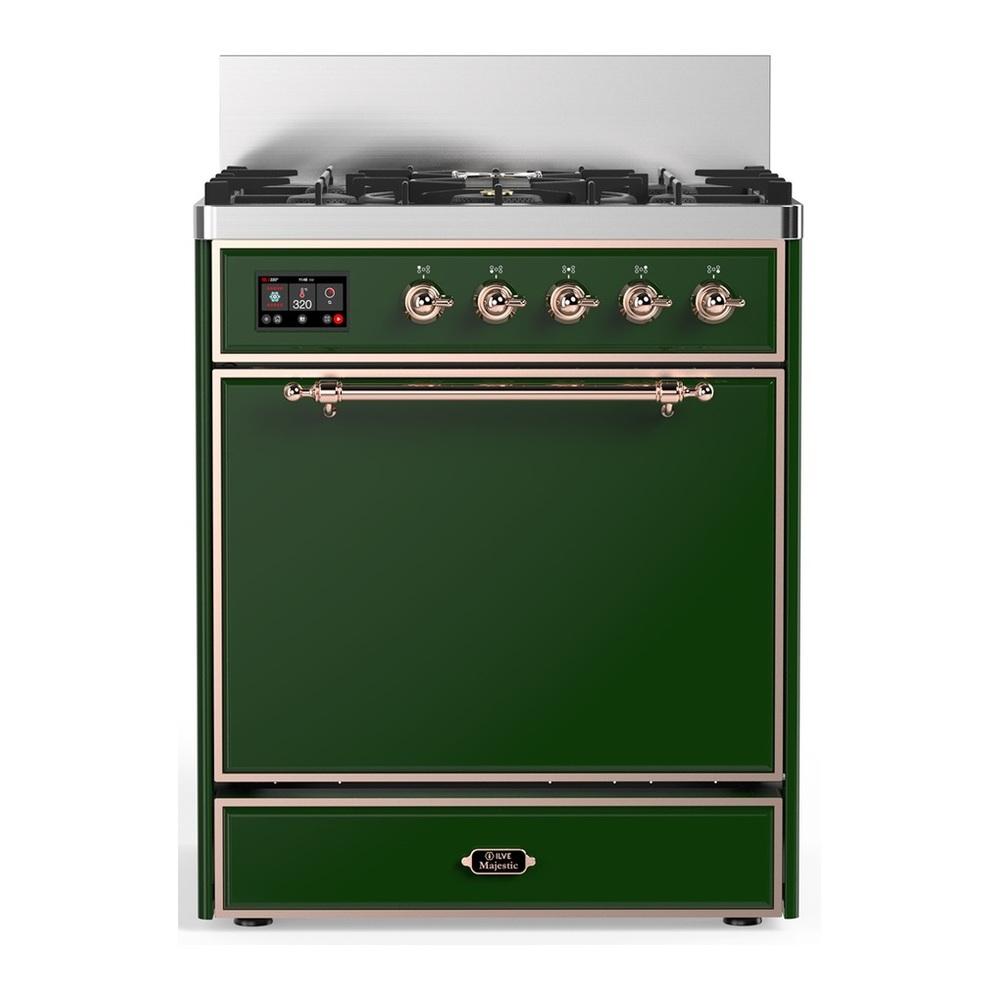 ILVE UM30QNR3EGPLP Majestic III 30 inch Dual Fuel Range with 5 Black Brass Burners, Dual Function Burner up to 25,000 BTU (Liquid Propane, Solid Door, Emerald Green, Copper)