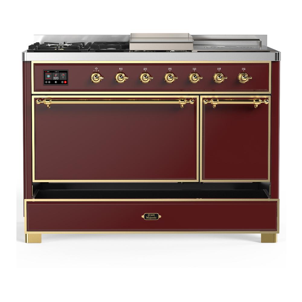 ILVE UM48FSQNR3BUGLP Majestic III 48 inch Dual Fuel Range with 5 Black Brass Burners, Griddle and French Top, Dual Function Burner up to 25,000 BTU (Liquid Propane, Solid Door, Burgundy, Brass)