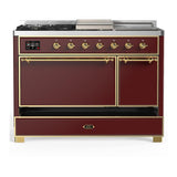 ILVE UM48FSQNR3BUGLP Majestic III 48 inch Dual Fuel Range with 5 Black Brass Burners, Griddle and French Top, Dual Function Burner up to 25,000 BTU (Liquid Propane, Solid Door, Burgundy, Brass)