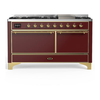ILVE UM60FQNR3BUG Majestic III 60 inch Dual Fuel Range with 9 Burners and Griddle, Dual Function Burner up to 25,000 BTU (Natural Gas, Solid Door, Burgundy, Brass)
