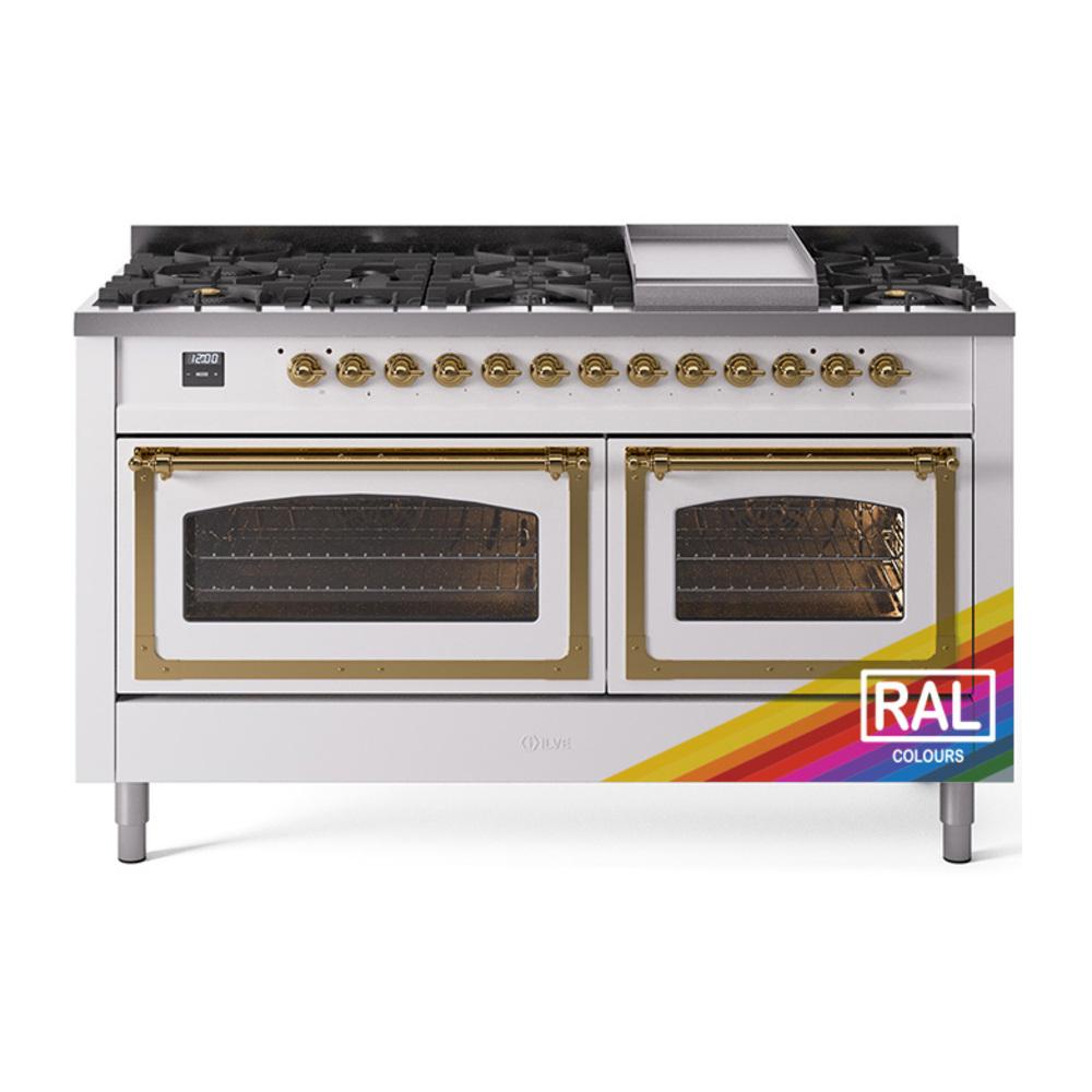 ILVE UN60FNMPRAGLP Nostalgie II Noblesse 60 inch Dual Fuel Range (9 Sealed Burners + Griddle, Liquid Propane, Triple Glass Door, RAL, Brass)