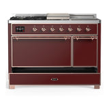 ILVE UM48FSQNR3BUPLP Majestic III 48 inch Dual Fuel Range with 5 Black Brass Burners, Griddle and French Top, Dual Function Burner up to 25,000 BTU (Liquid Propane, Solid Door, Burgundy, Copper)
