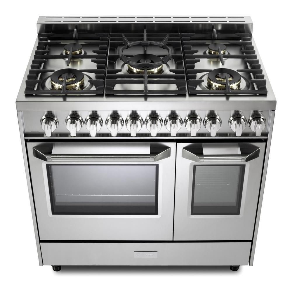 Verona VUFSGG365DSS 36 inch Ultima Collection Double Oven Gas Range with 5 Brass Burners, 4.1 cu. ft. Oven Total Capacity