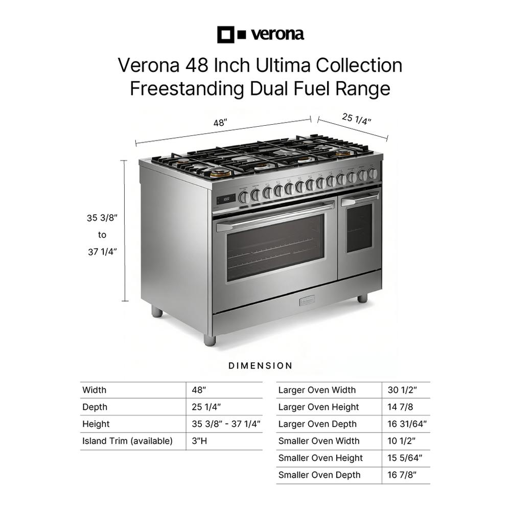 Verona VUFSGE486DSS 48 inch Ultima Collection Dual Fuel Range with 6 Brass Sealed Burners, 5.8 cu. ft. Oven Capacity, Digital Clock in Stainless Steel