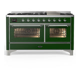 ILVE UM60FNR3EGC Majestic III 60 inch Dual Fuel Range with 9 Burners and Griddle, Dual Function Burner up to 25,000 BTU (Natural Gas, Triple Glass Door, Emerald Green, Chrome)