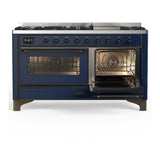 ILVE UM60FNR3MBB Majestic III 60 inch Dual Fuel Range with 9 Burners and Griddle, Dual Function Burner up to 25,000 BTU (Natural Gas, Triple Glass Door, Midnight Blue, Burnished)