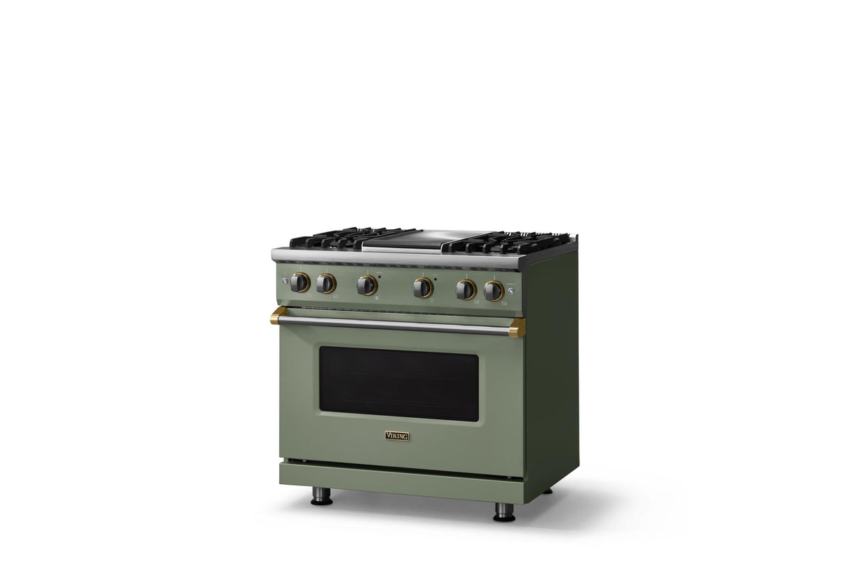 36"W. Sealed Burner Gas Range (Burner: 4g, Finish: Eucalyptus, Trim: Brushed Brass, Fuel: Propane)