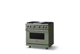 36"W. Sealed Burner Gas Range (Burner: 4g, Finish: Eucalyptus, Trim: Brushed Brass, Fuel: Natural Gas)