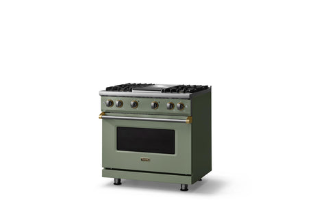 36"W. Sealed Burner Gas Range (Burner: 4g, Finish: Eucalyptus, Trim: Brushed Brass, Fuel: Natural Gas)