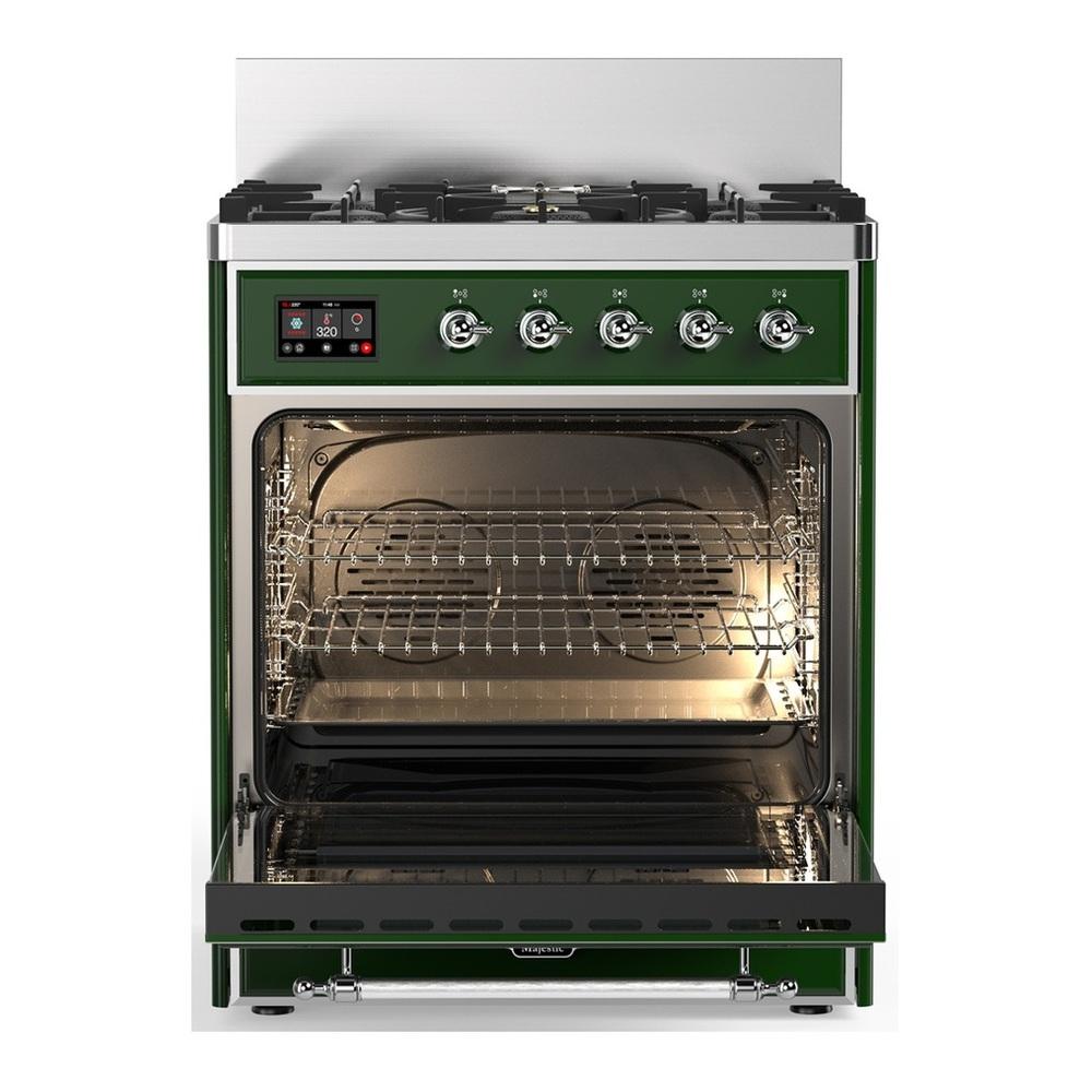 ILVE UM30QNR3EGC Majestic III 30 inch Dual Fuel Range with 5 Black Brass Burners, Dual Function Burner up to 25,000 BTU (Natural Gas, Solid Door, Emerald Green, Chrome)
