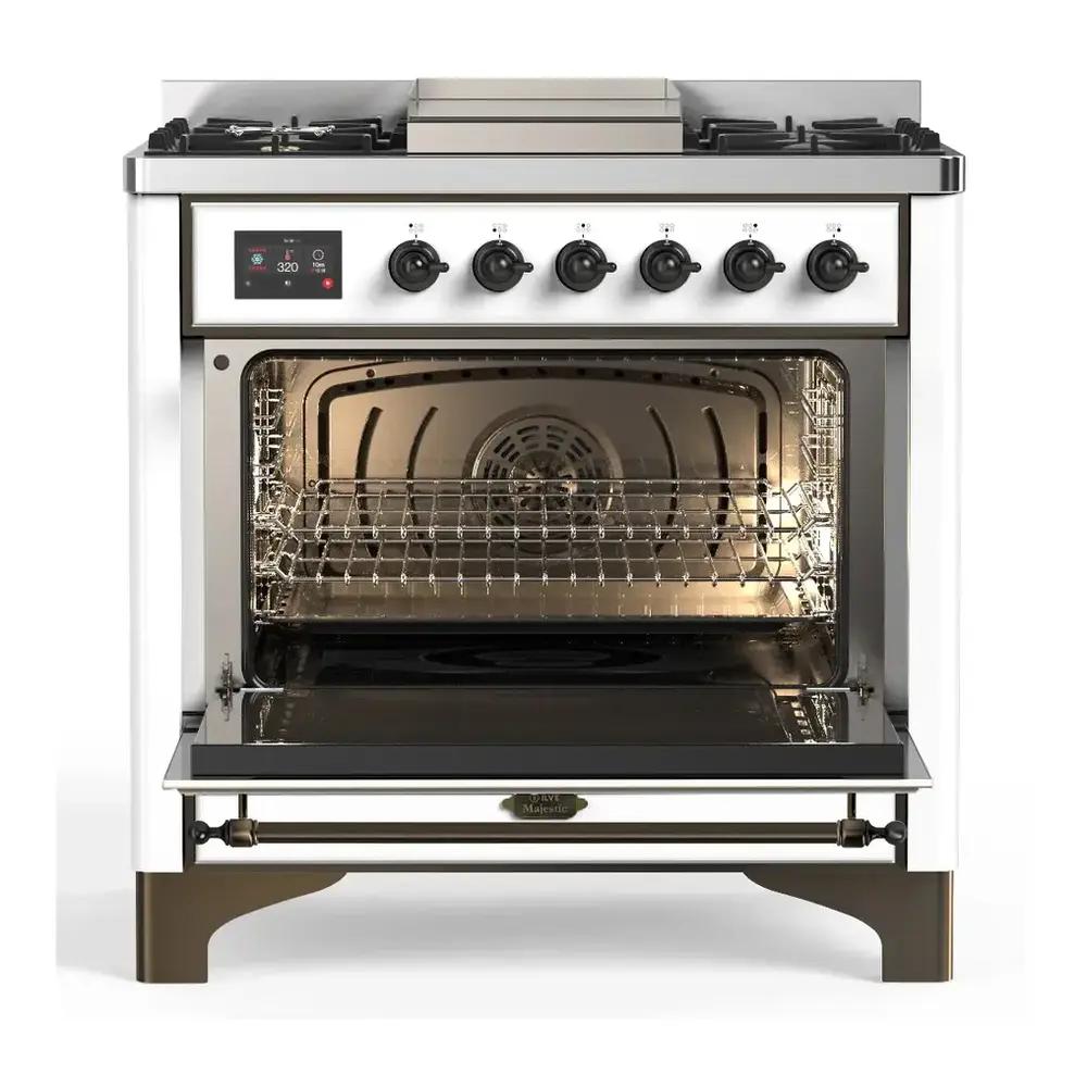 ILVE UM36FNR3RABLP Majestic III 36 inch Dual Fuel Range with 6 Black Brass Burners and Griddle, Dual Function Burner up to 25,000 BTU (Triple Glass Door, RAL, Burnished, Liquid Propane)