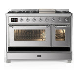 ILVE UM48FNR3SSC Majestic III 48 inch Dual Fuel Range with 8 Burners and Griddle, Dual Function Burner up to 25,000 BTU (Natural Gas, Triple Glass Door, Stainless Steel, Chrome)