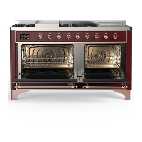 ILVE UM60FSQNR3BUPLP Majestic III 60 inch Dual Fuel Range with 7 Burners, Griddle and French Top, Dual Function Burner with up to 25,000 BTU (Liquid Propane, Solid Door, Burgundy, Copper)