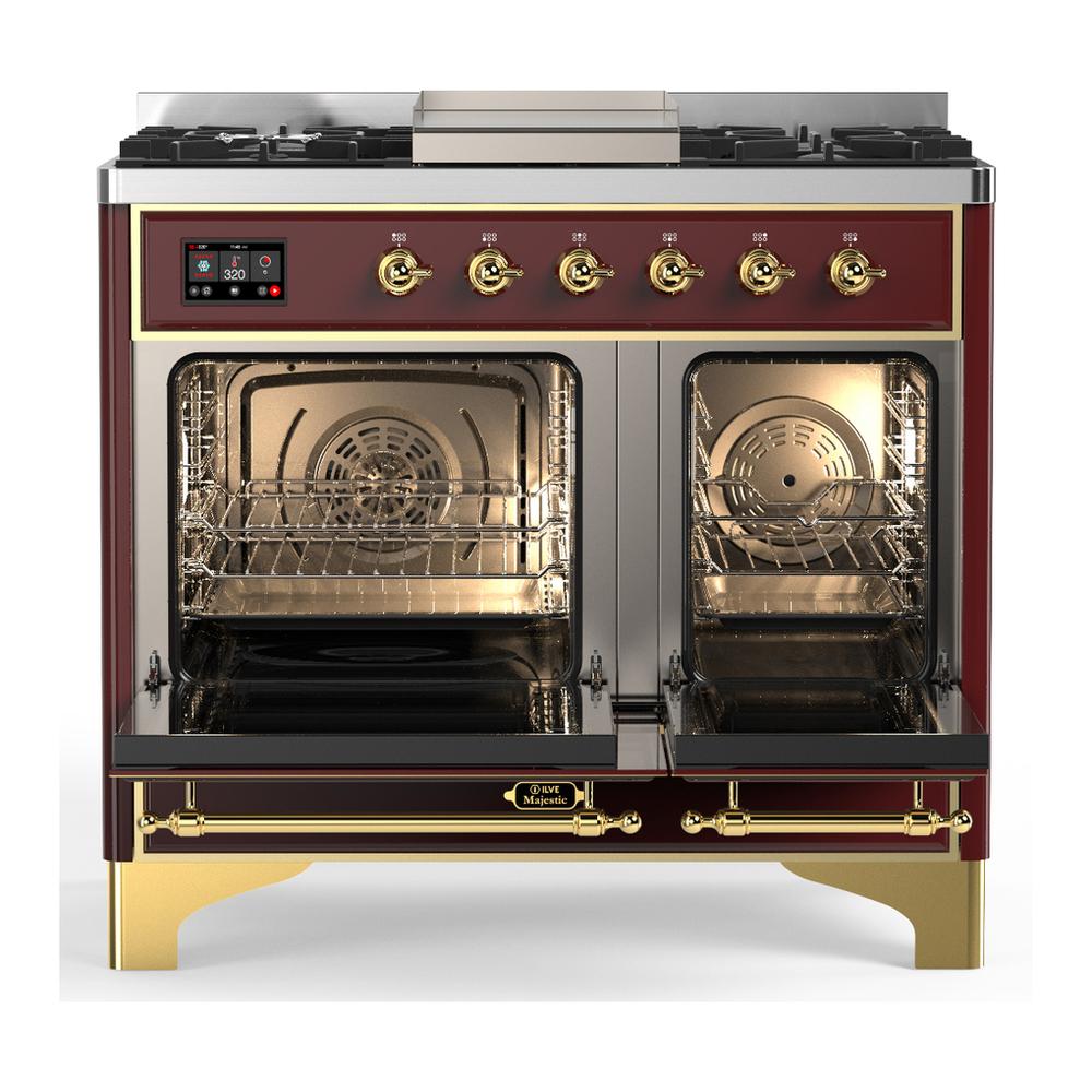 ILVE UMD40FNR3BUG Majestic III 40 inch Dual Fuel Range with 6 Burners and Griddle, Dual Function Burner up to 25,000 BTU (Natural Gas, Triple Glass Door, Burgundy, Brass)