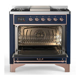 ILVE UM36FQNR3MBP Majestic III 36 inch Dual Fuel Range with 6 Black Brass Burners and Griddle, Dual Function Burner up to 25,000 BTU (Solid Door, Midnight Blue, Copper, Natural Gas)