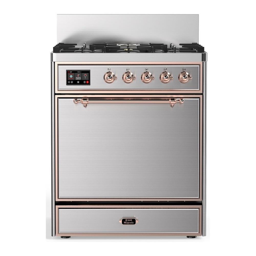 ILVE UM30QNR3SSPLP Majestic III 30 inch Dual Fuel Range with 5 Black Brass Burners, Dual Function Burner up to 25,000 BTU (Liquid Propane, Solid Door, Stainless Steel, Copper)