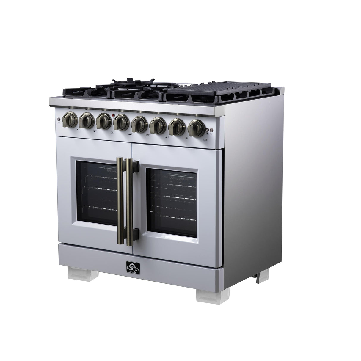 Forno Capriasca 36 Inch Freestanding French Door Dual Fuel Range in White with Antique Brass Accessories, 6 Burners, True Convection Oven