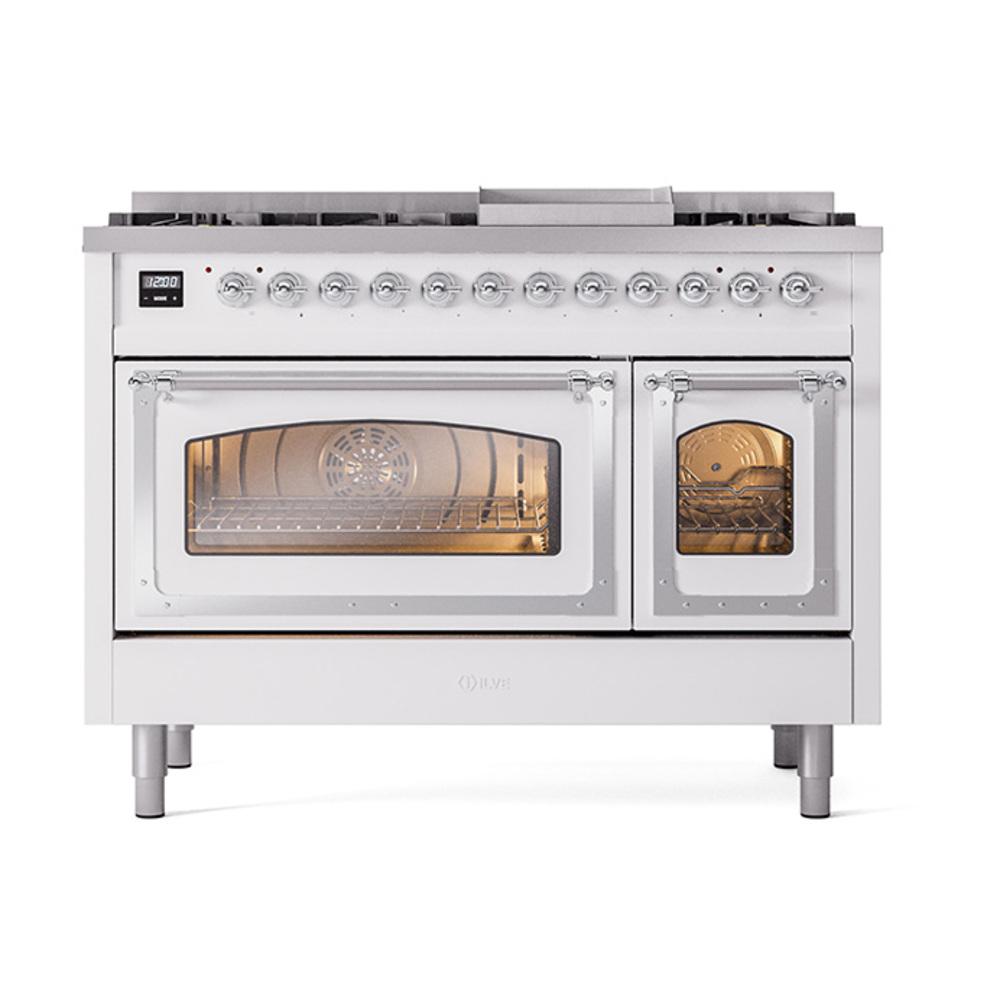 ILVE UN48FNMPRACLP Nostalgie II Noblesse 48 inch Dual Fuel Range (8 Sealed Burners + Griddle, Liquid Propane, Triple Glass Door, RAL, Chrome)