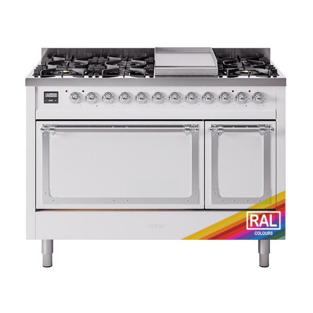 ILVE UN48FQNMPRACLP Nostalgie II Noblesse 48 inch Dual Fuel Range (8 Sealed Burners + Griddle, Liquid Propane, Solid Door, RAL, Chrome)