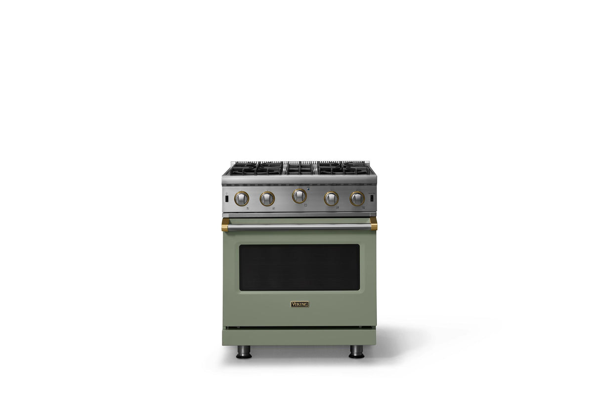 30"W. Open Burner Gas Range (Finish: Eucalyptus, Trim: Brushed Brass, Fuel: Natural Gas)