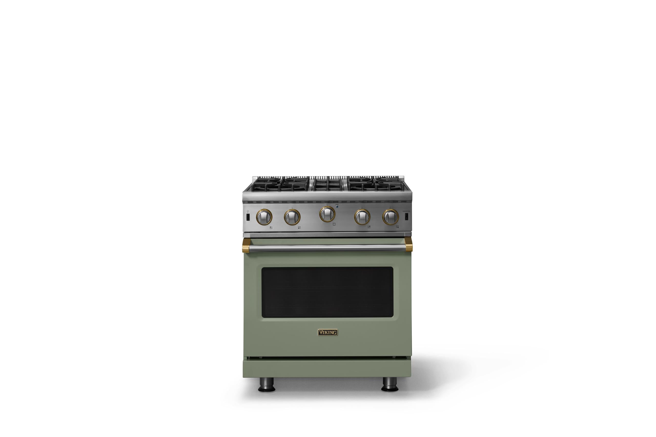 30"W. Open Burner Gas Range (Finish: Eucalyptus, Trim: Brushed Brass, Fuel: Propane)
