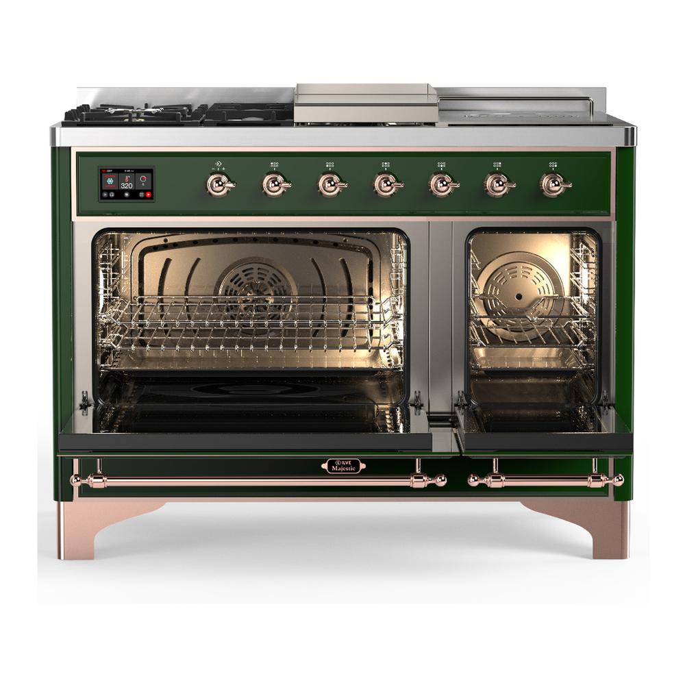 ILVE UM48FSQNR3EGPLP Majestic III 48 inch Dual Fuel Range with 5 Black Brass Burners, Griddle and French Top, Dual Function Burner up to 25,000 BTU (Liquid Propane, Solid Door, Emerald Green, Copper)