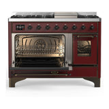 ILVE UM48FNR3BUB Majestic III 48 inch Dual Fuel Range with 8 Burners and Griddle, Dual Function Burner up to 25,000 BTU (Natural Gas, Triple Glass Door, Burgundy, Burnished)