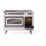 ILVE UN48FSNMPWHB Nostalgie II Noblesse 48 inch Dual Fuel Range (5 Sealed Burners + Griddle + French Top, Natural Gas, Triple Glass Door, White, Burnished)
