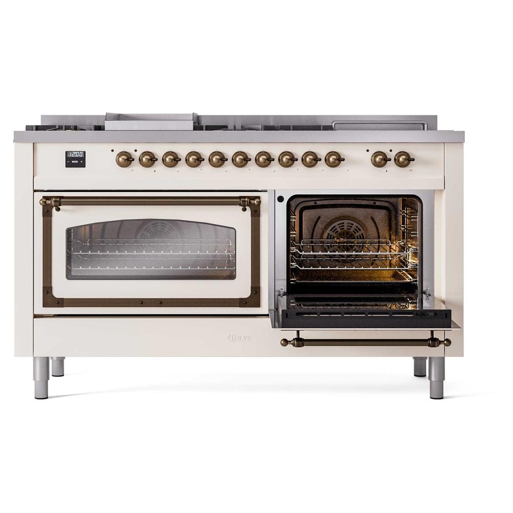 ILVE UN60FSNMPAWB Nostalgie II Noblesse 60 inch Dual Fuel Range (7 Sealed Burners + Griddle + French Top, Natural Gas, Triple Glass Door, Antique White, Burnished)