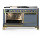 ILVE UM60FSQNR3BGG Majestic III 60 inch Dual Fuel Range with 7 Burners, Griddle and French Top, Dual Function Burner with up to 25,000 BTU (Natural Gas, Solid Door, Blue Grey, Brass)