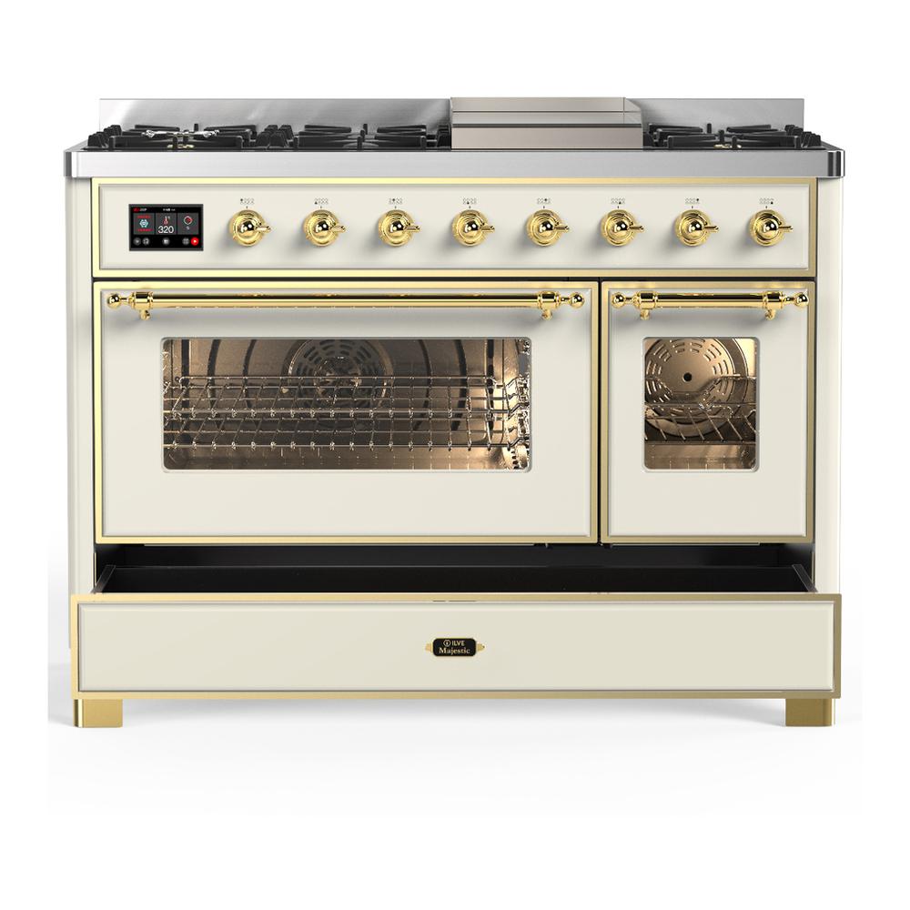 ILVE UM48FNR3AWG Majestic III 48 inch Dual Fuel Range with 8 Burners and Griddle, Dual Function Burner up to 25,000 BTU (Natural Gas, Triple Glass Door, Antique White, Brass)
