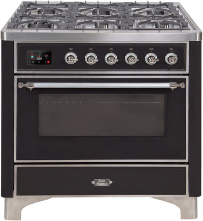 Majestic II 36 Inch Dual Fuel Natural Gas Freestanding Range in Glossy Black with Chrome Trim