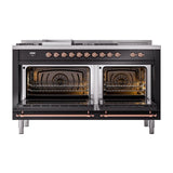 ILVE UN60FSQNMPBKP Nostalgie II Noblesse 60 inch Dual Fuel Range (7 Sealed Burners + Griddle + French Top, Natural Gas, Solid Door, Glossy Black, Copper)