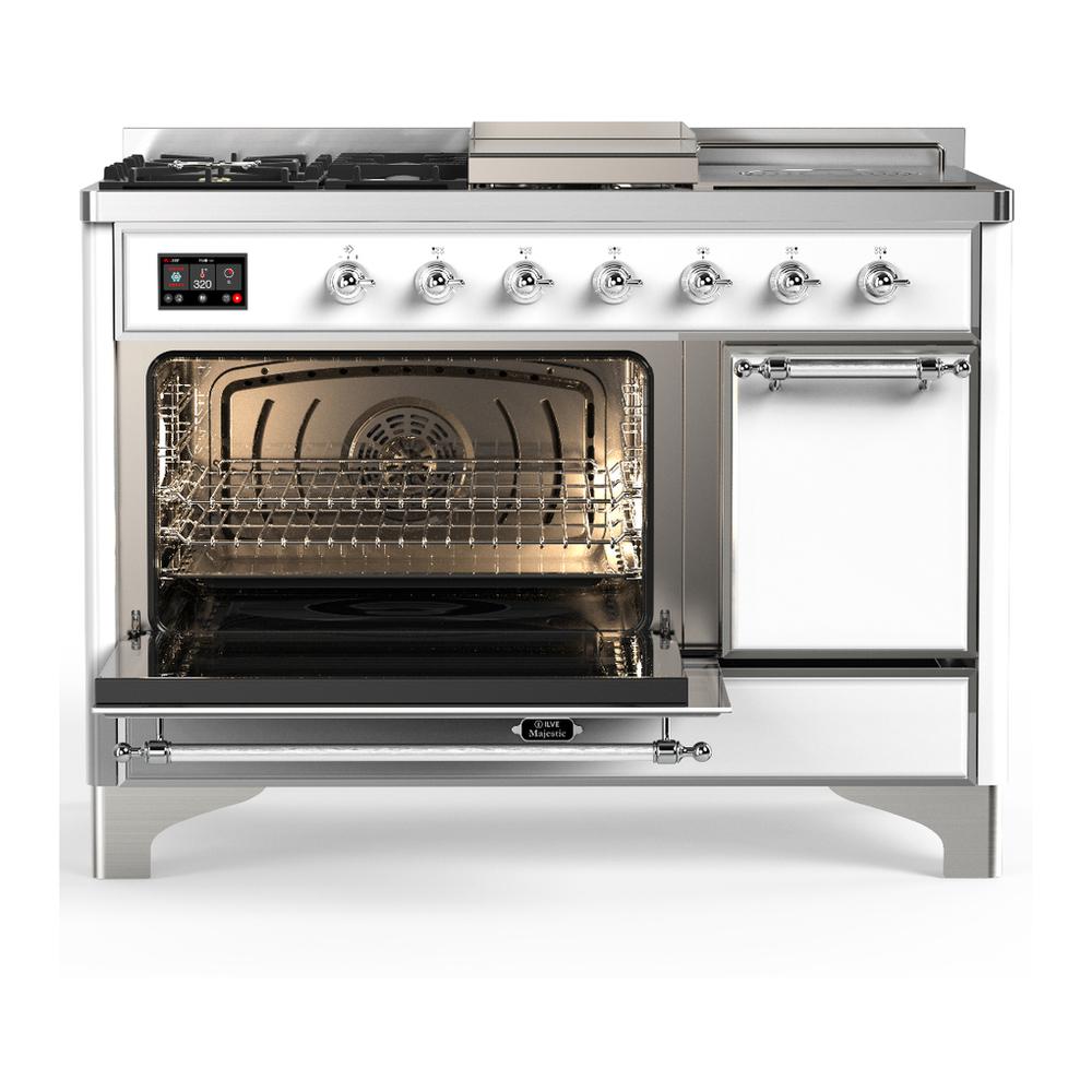 ILVE UM48FSQNR3WHCLP Majestic III 48 inch Dual Fuel Range with 5 Black Brass Burners, Griddle and French Top, Dual Function Burner up to 25,000 BTU (Liquid Propane, Solid Door, White, Chrome)