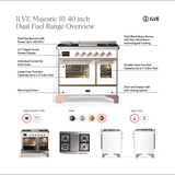 ILVE UMD40FNR3BUP Majestic III 40 inch Dual Fuel Range with 6 Burners and Griddle, Dual Function Burner up to 25,000 BTU (Natural Gas, Triple Glass Door, Burgundy, Copper)