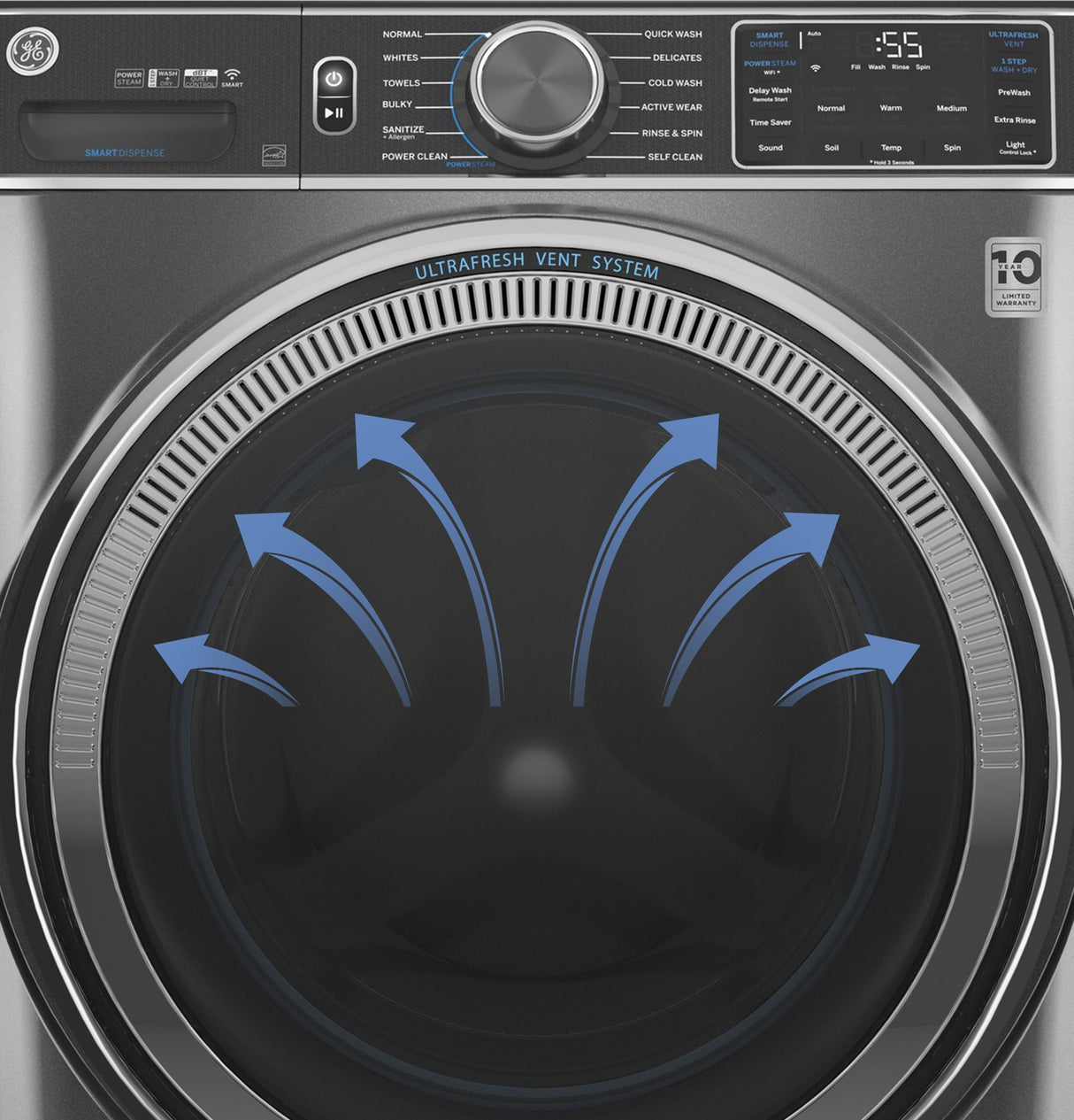 GE® 5.0 cu. ft. Capacity Smart Front Load ENERGY STAR® Steam Washer with SmartDispense™ UltraFresh Vent System with OdorBlock™ and Steam