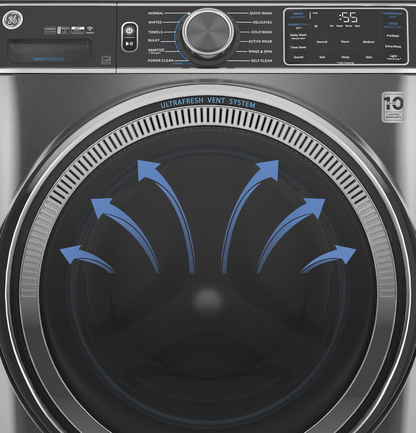GE® 5.0 cu. ft. Capacity Smart Front Load ENERGY STAR® Steam Washer with SmartDispense™ UltraFresh Vent System with OdorBlock™ and Steam