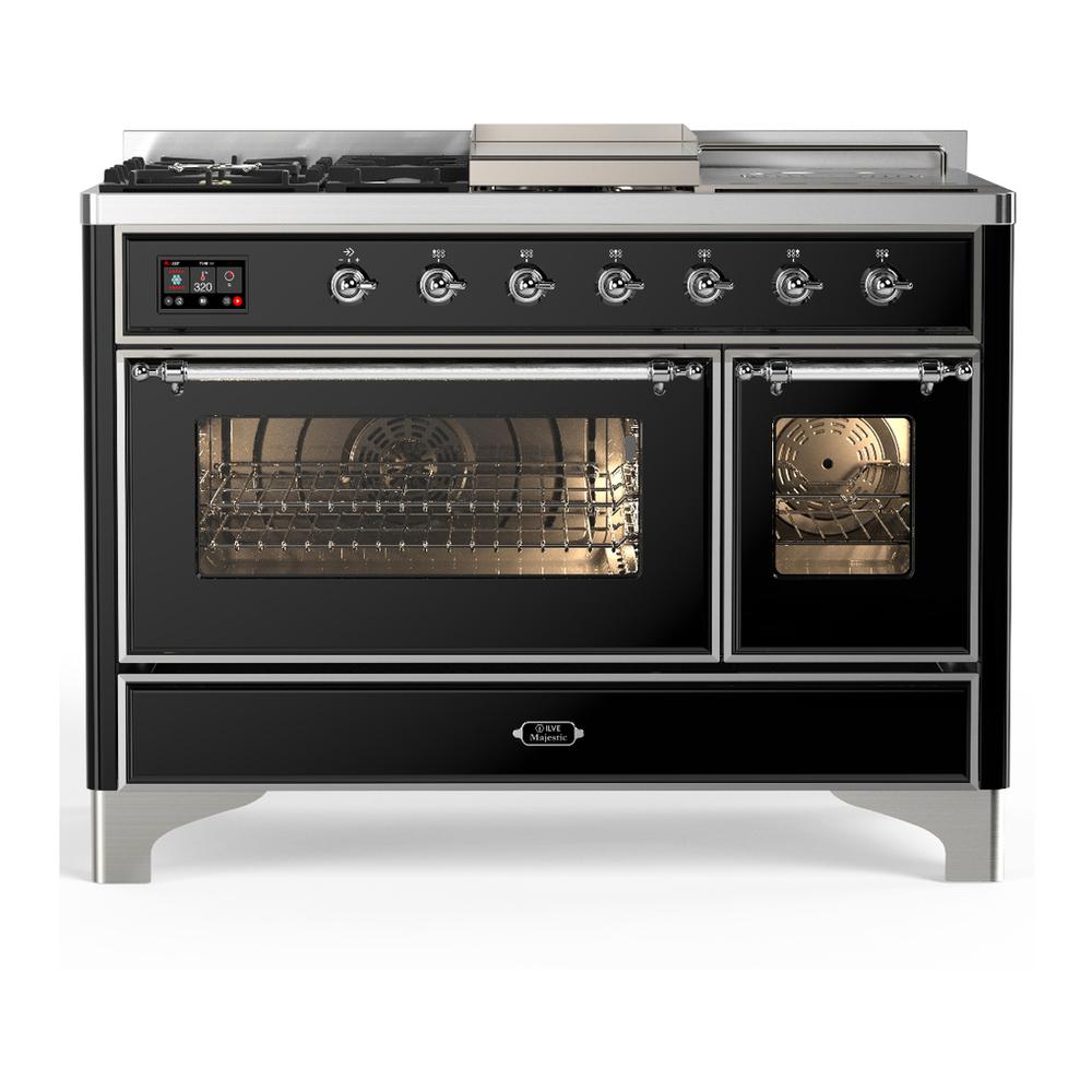 ILVE UM48FSNR3BKC Majestic III 48 inch Dual Fuel Range with 5 Black Brass Burners, Griddle and French Top, Dual Function Burner up to 25,000 BTU (Natural Gas, Triple Glass Door, Glossy Black, Chrome)