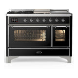 ILVE UM48FSNR3BKC Majestic III 48 inch Dual Fuel Range with 5 Black Brass Burners, Griddle and French Top, Dual Function Burner up to 25,000 BTU (Natural Gas, Triple Glass Door, Glossy Black, Chrome)