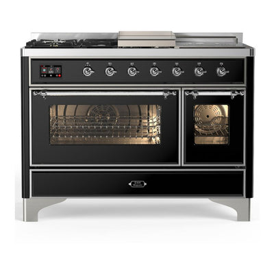 ILVE UM48FSNR3BKC Majestic III 48 inch Dual Fuel Range with 5 Black Brass Burners, Griddle and French Top, Dual Function Burner up to 25,000 BTU (Natural Gas, Triple Glass Door, Glossy Black, Chrome)