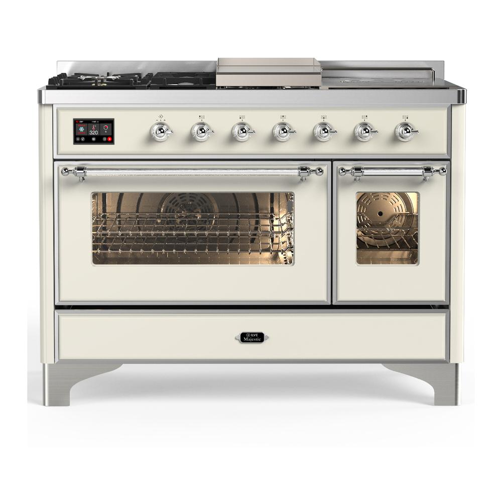 ILVE UM48FSNR3AWCLP Majestic III 48 inch Dual Fuel Range with 5 Black Brass Burners, Griddle and French Top, Dual Function Burner up to 25,000 BTU (Liquid Propane, Triple Glass Door, Antique White, Chrome)