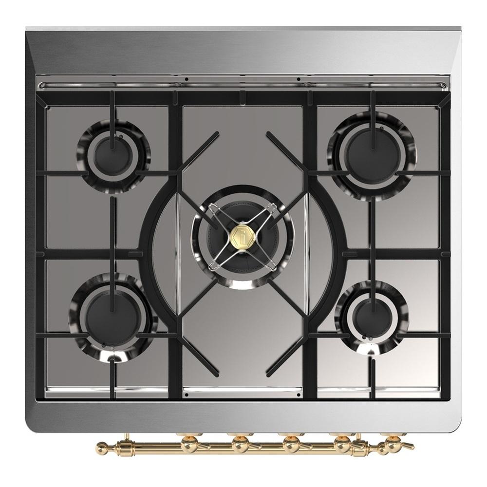 ILVE UM30QNR3MBG Majestic III 30 inch Dual Fuel Range with 5 Black Brass Burners, Dual Function Burner up to 25,000 BTU (Natural Gas, Solid Door, Midnight Blue, Brass)