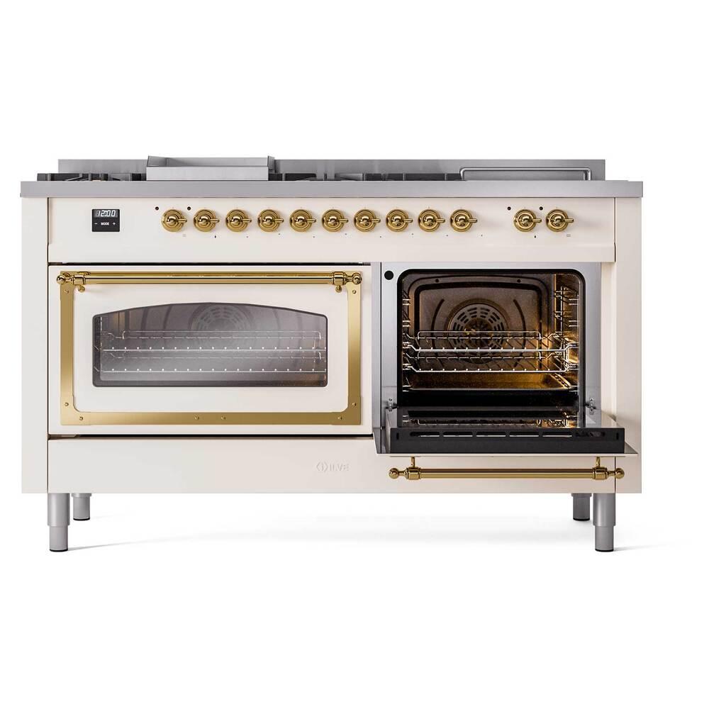 ILVE UN60FSNMPAWG Nostalgie II Noblesse 60 inch Dual Fuel Range (7 Sealed Burners + Griddle + French Top, Natural Gas, Triple Glass Door, Antique White, Brass)