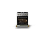 30"W. Open Burner Gas Range (Finish: Eucalyptus, Trim: Brushed Brass, Fuel: Natural Gas)