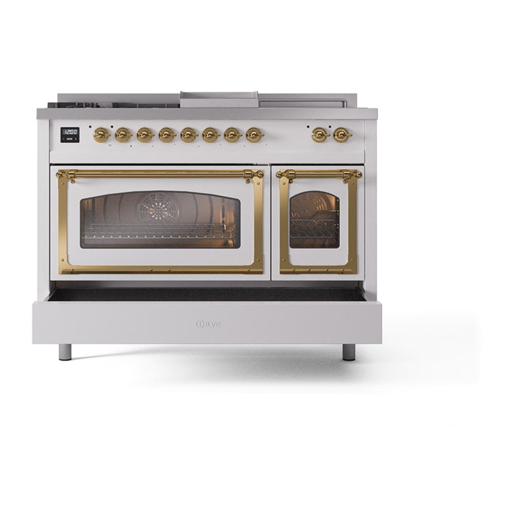 ILVE UN48FSNMPWHG Nostalgie II Noblesse 48 inch Dual Fuel Range (5 Sealed Burners + Griddle + French Top, Natural Gas, Triple Glass Door, White, Brass)